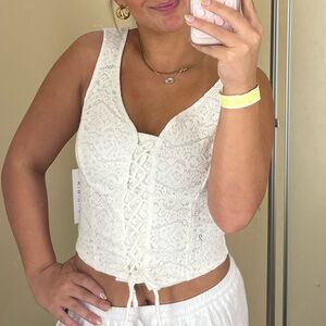 White Lace Crop Top and Yellow Floral Pants